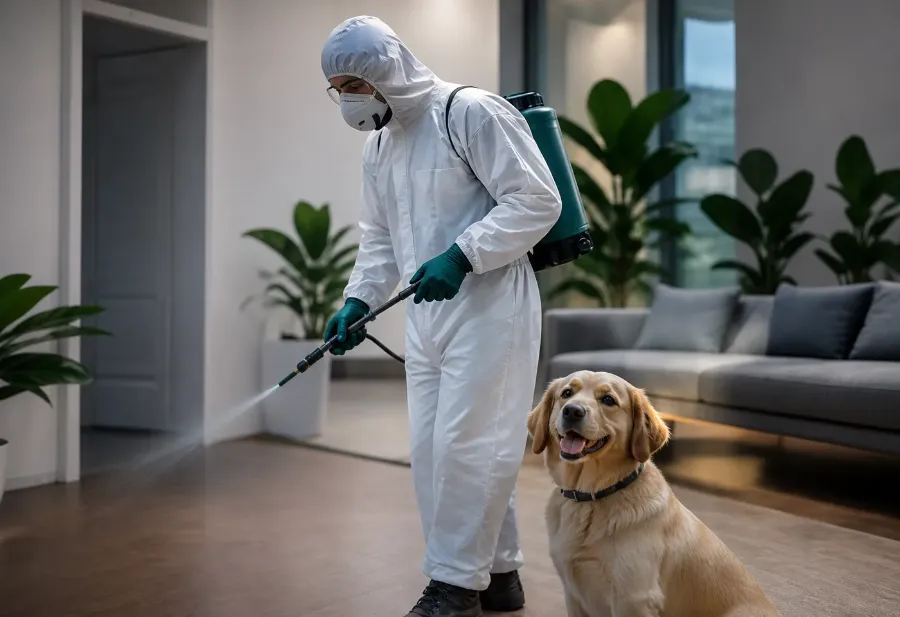 Técnico de fumigación junto a un perro, servicio seguro para mascotas